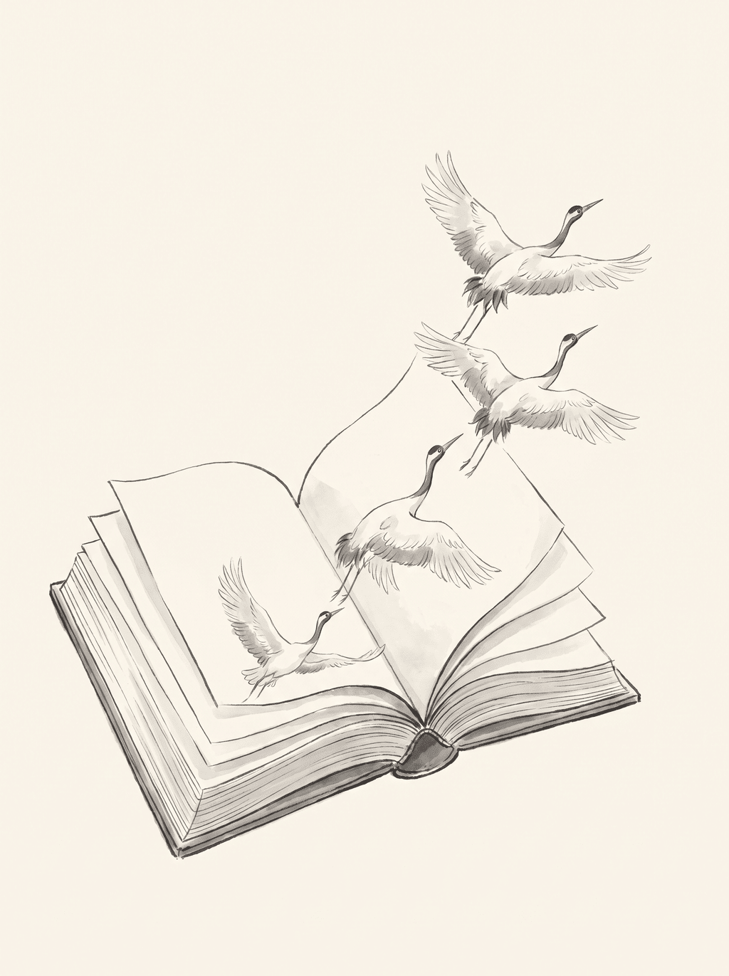 Un livre ancien ouvert d’où s’envolent des grues, dessin à l’encre